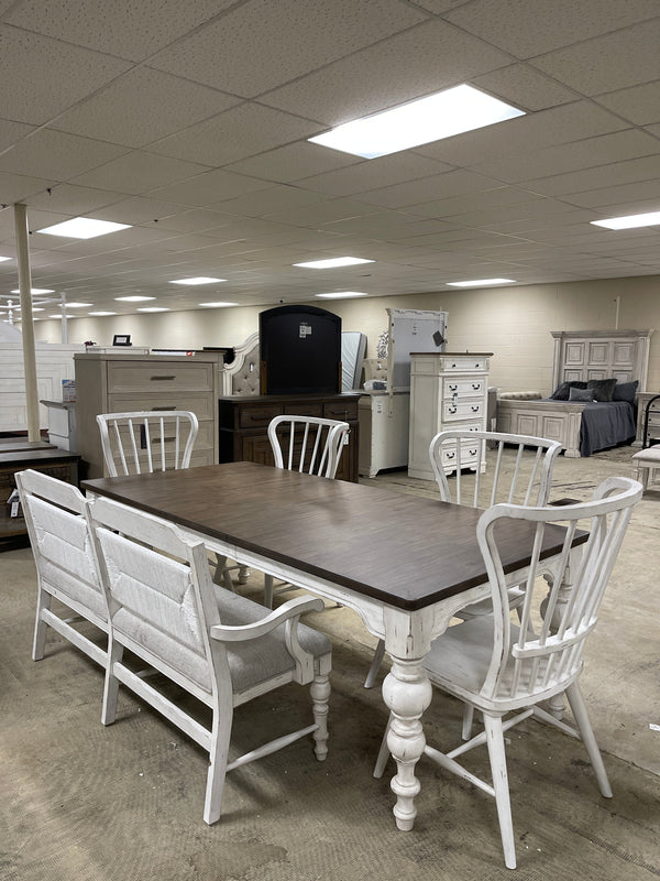 Liberty Furniture River Place Rectangular Leg Table w/4 Windsor Back Side Chairs & a Bench in Riverstone White & Tobacco-Washburn's Home Furnishings