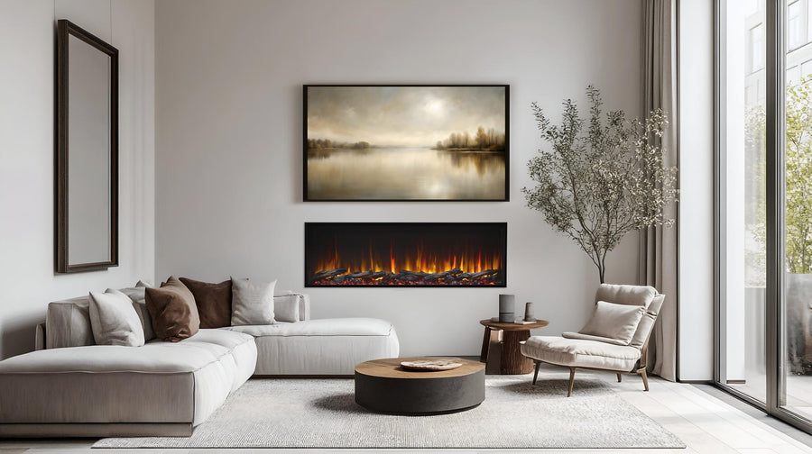 SimpliFire 55" linear electric fireplace in a modern living room.