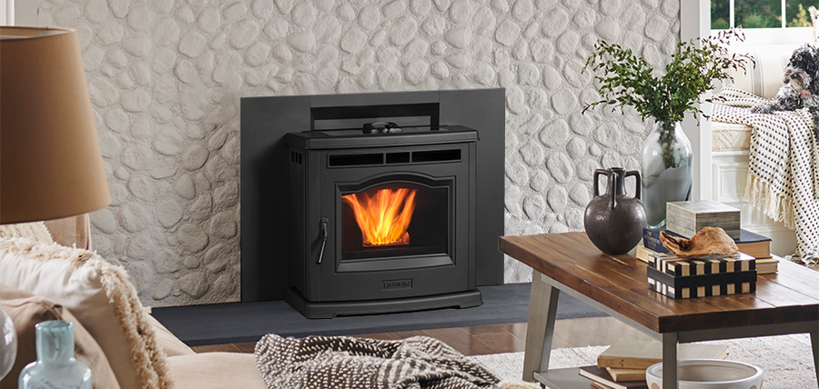 Harman P42i-TC pellet insert set into a stone fireplace