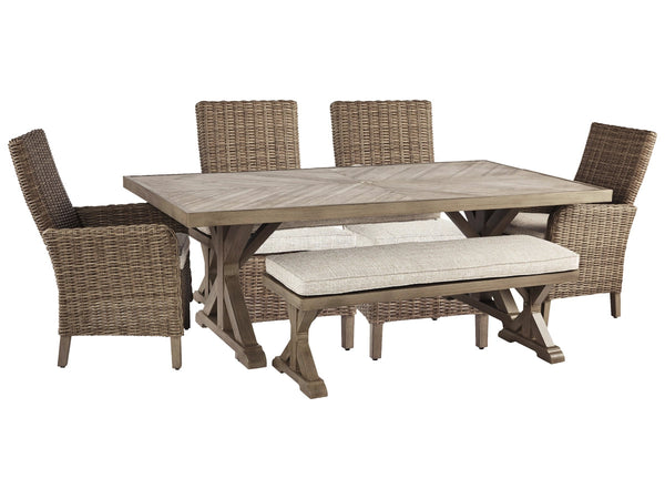 Ashley Beachcroft Patio Dining Table, 4 Side Chairs & Bench Bundle-Washburn's Home Furnishings