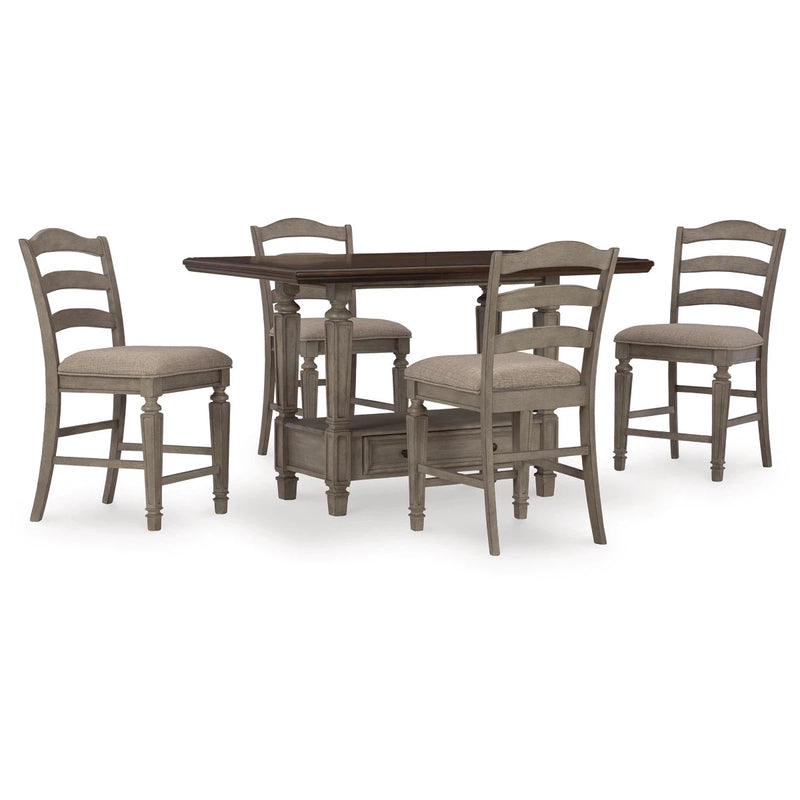 Ashley Lodenbay Counter Height Dining Set- Rectangle Table w/Open Shelf, Lower Drawer & 4 Barstools Bundle-Washburn's Home Furnishings