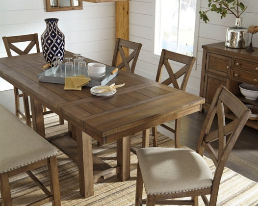 Ashley Moriville Counter Height Ext Table & 8 Upholstered Barstools-Washburn's Home Furnishings