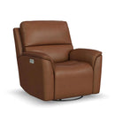 Flexsteel Henry Leather Power Swivel Gliding Recliner with Power Headrest, Lumbar, Heat & Massage in Caramel-Washburn's Home Furnishings