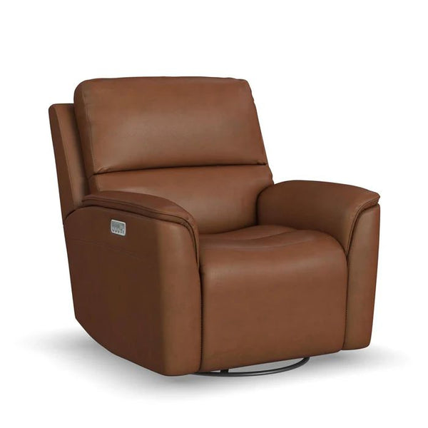 Flexsteel Henry Leather Power Swivel Gliding Recliner with Power Headrest, Lumbar, Heat & Massage in Caramel-Washburn's Home Furnishings