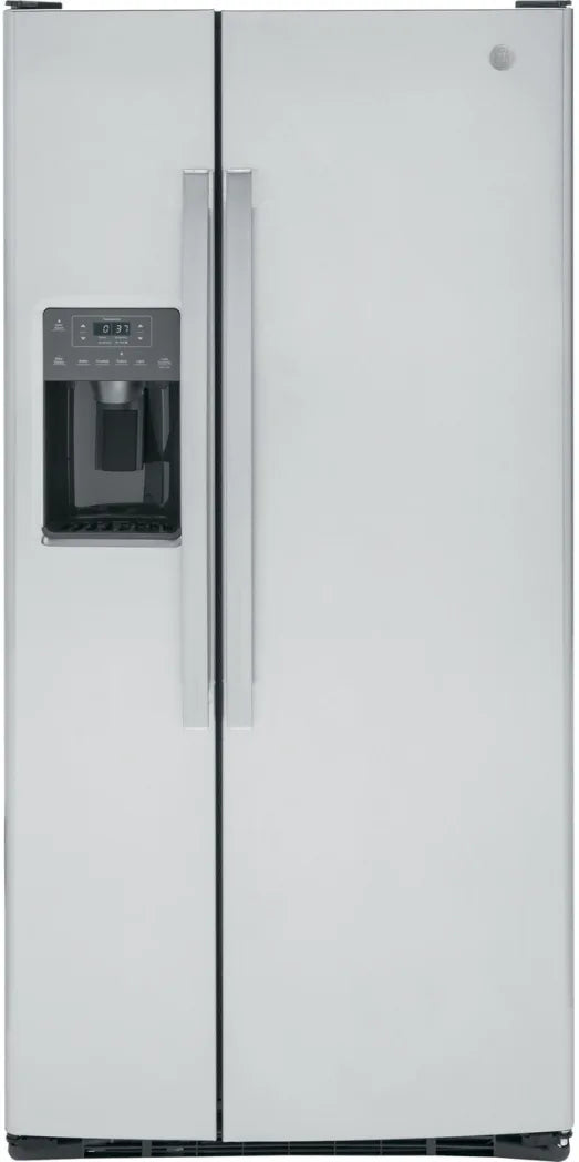 GE 23.0 Cubic Foot Side-by-Side Refrigerator in Fingerprint Resistant in Stainless Steel-Washburn's Home Furnishings