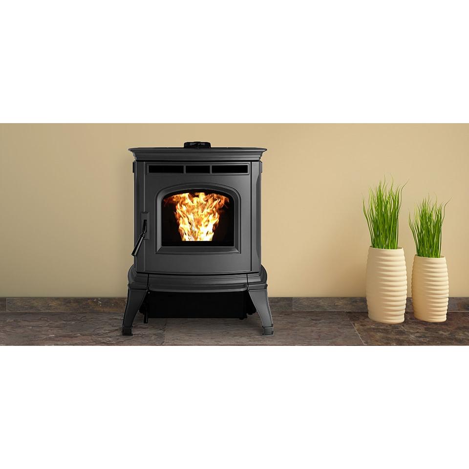Harman Absolute43 cast-iron pellet stove in room scene; finishing and accessories may be separate