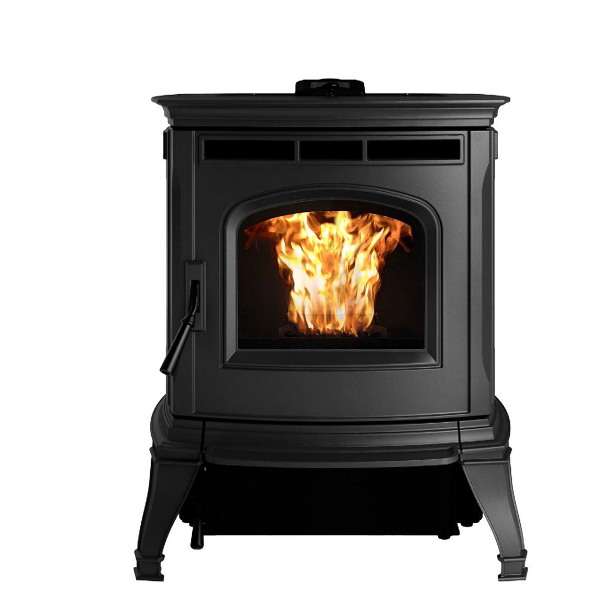 Harman Absolute43 pellet stove with fire in black finish
