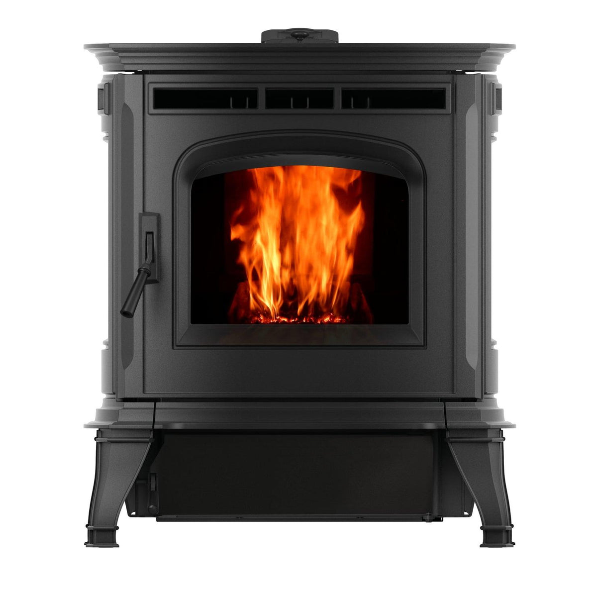Harman Absolute63 cast-iron pellet stove with flame