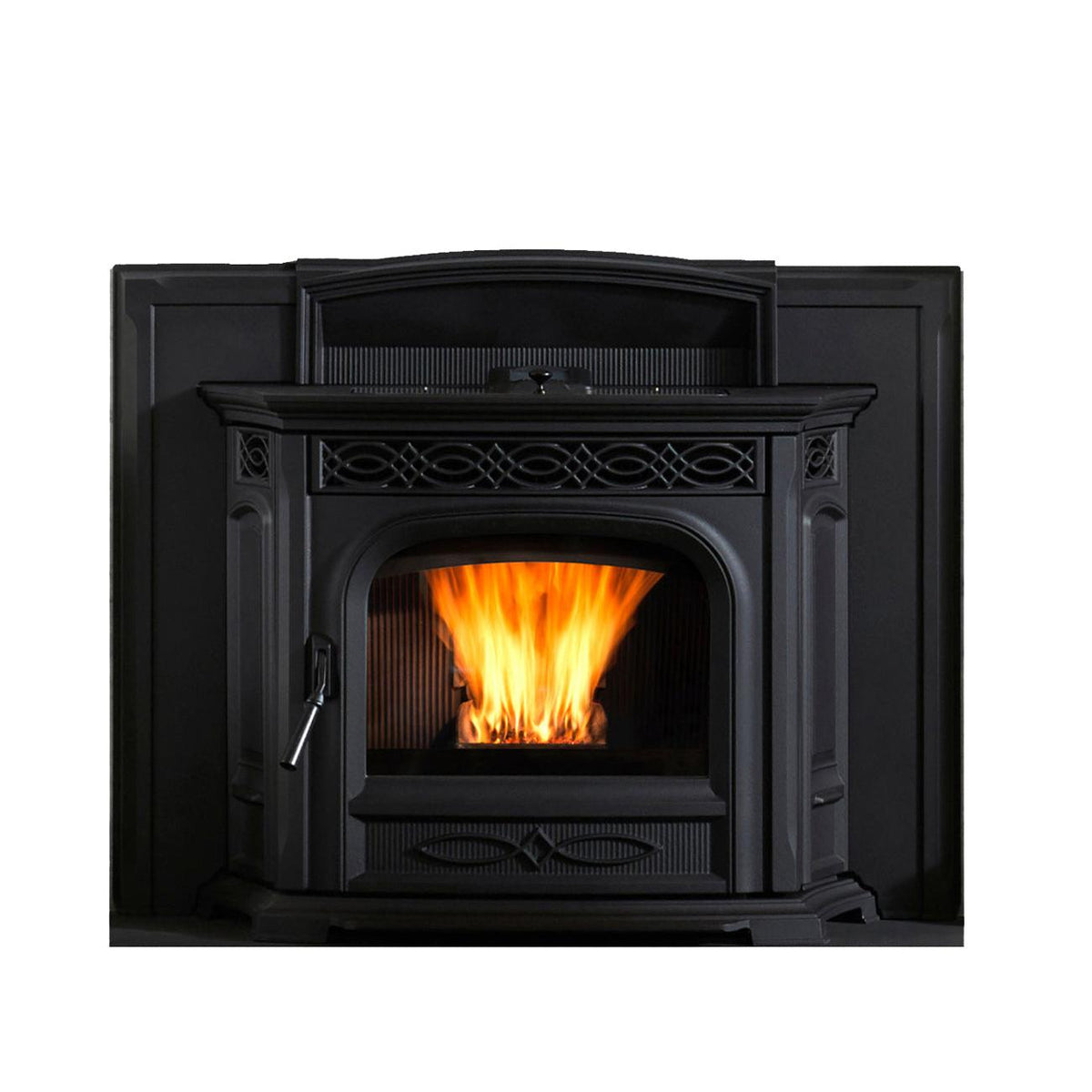 Harman Accentra52i-TC pellet insert in Matte Black with fire; surrounding construction separate