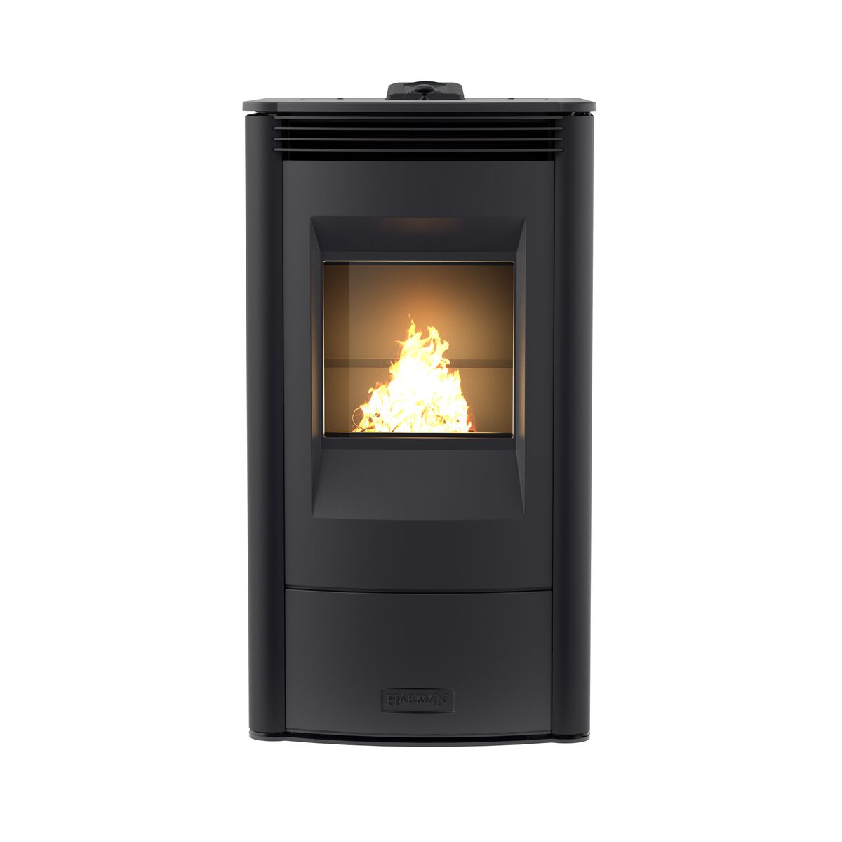 Harman Allure50 pellet stove in standard Satin Black finish with visible flames