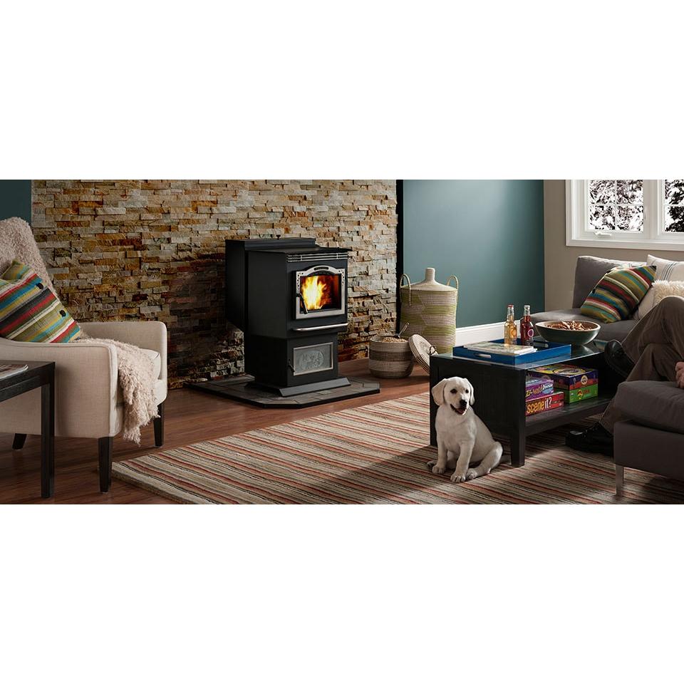 Harman Pathfinder P61 pellet stove in room setting; shown accessories and installation materials may be optional