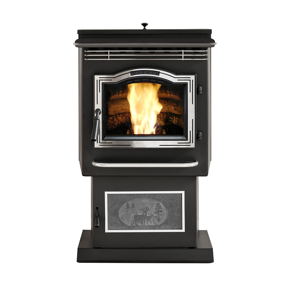 Harman Pathfinder P61 pellet stove with fire; pictured trim or inlays may be optional
