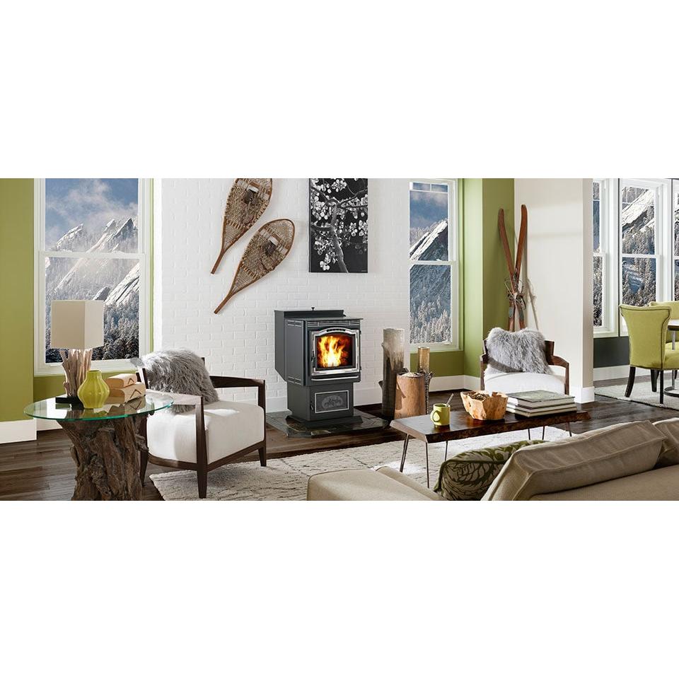 Harman Pathfinder P68 pellet stove in a furnished room with modern trim; accessories may be optional