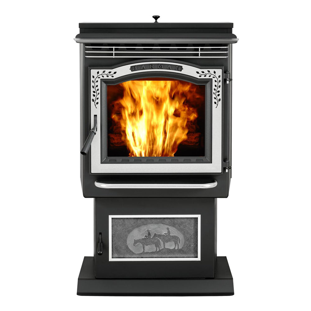 Harman Pathfinder P68 pellet stove with fire and decorative trim; pictured trim may be optional