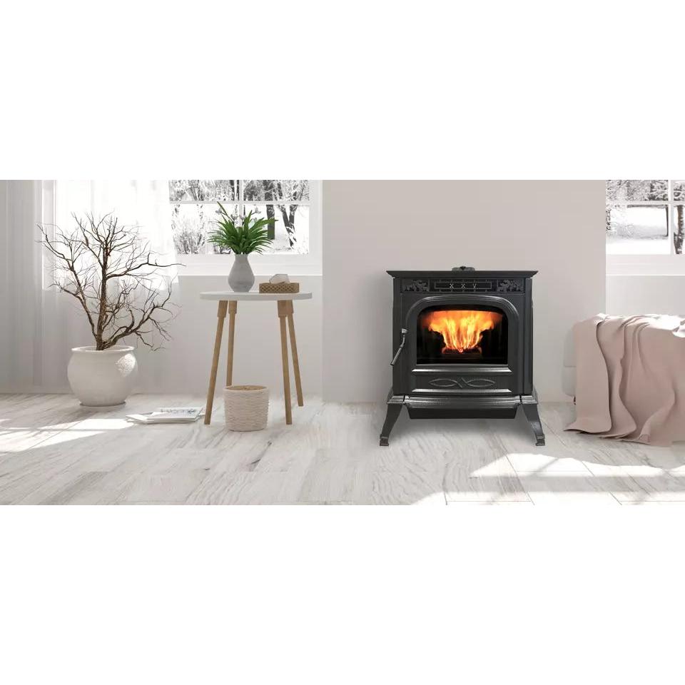 Harman XXV-TC pellet stove shown in Porcelain Twilight finish; finish pricing may vary