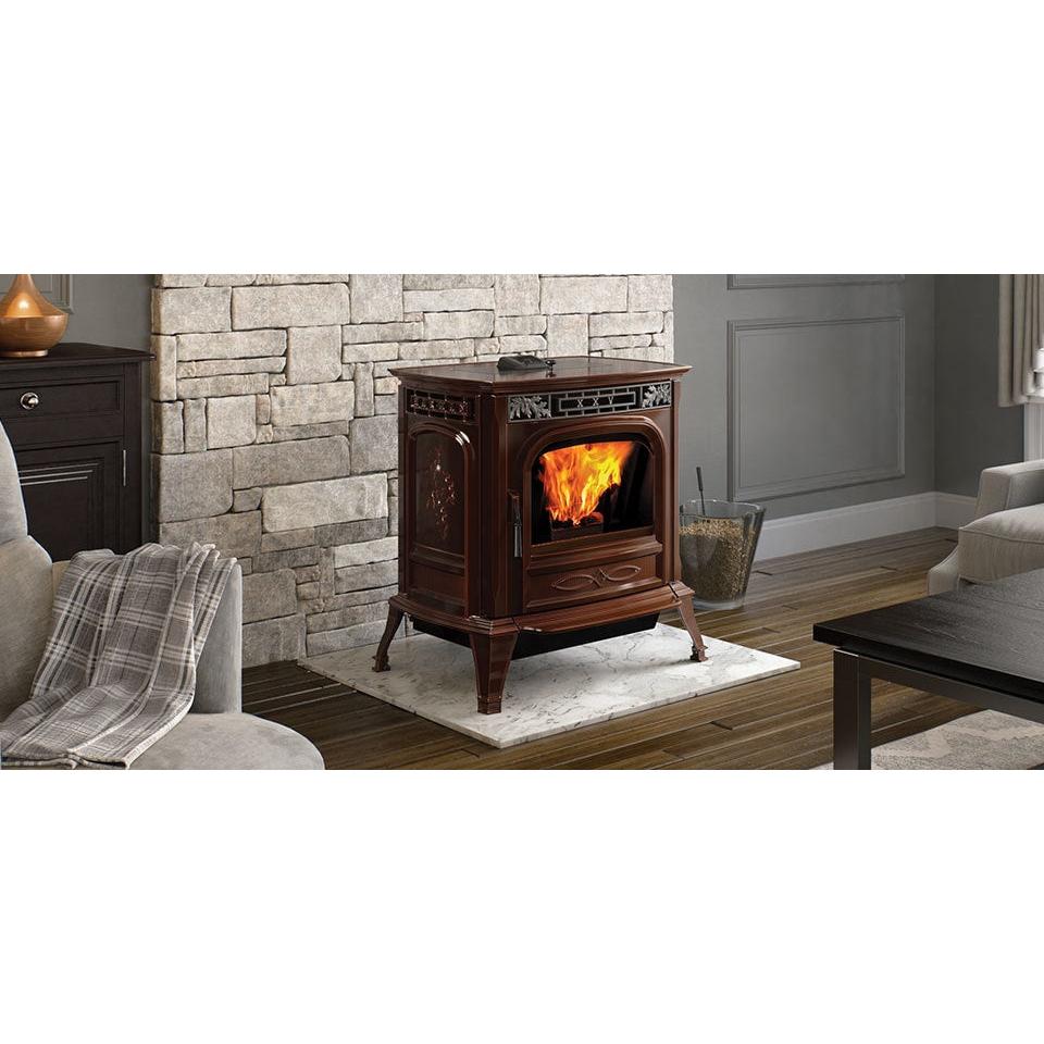 Harman XXV-TC pellet stove in installed room scene; finishing and accessories may be separate