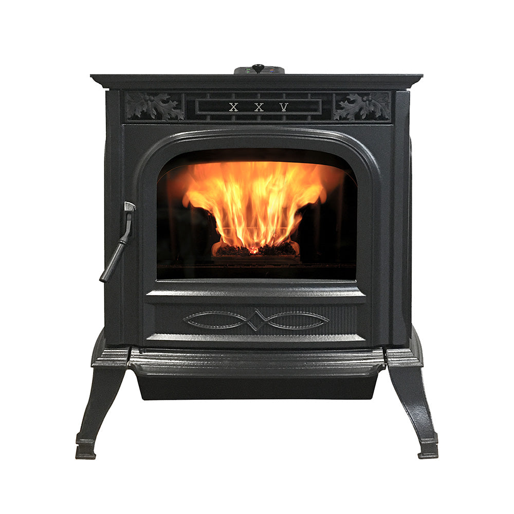 Harman XXV-TC cast-iron pellet stove with oak-leaf detailing