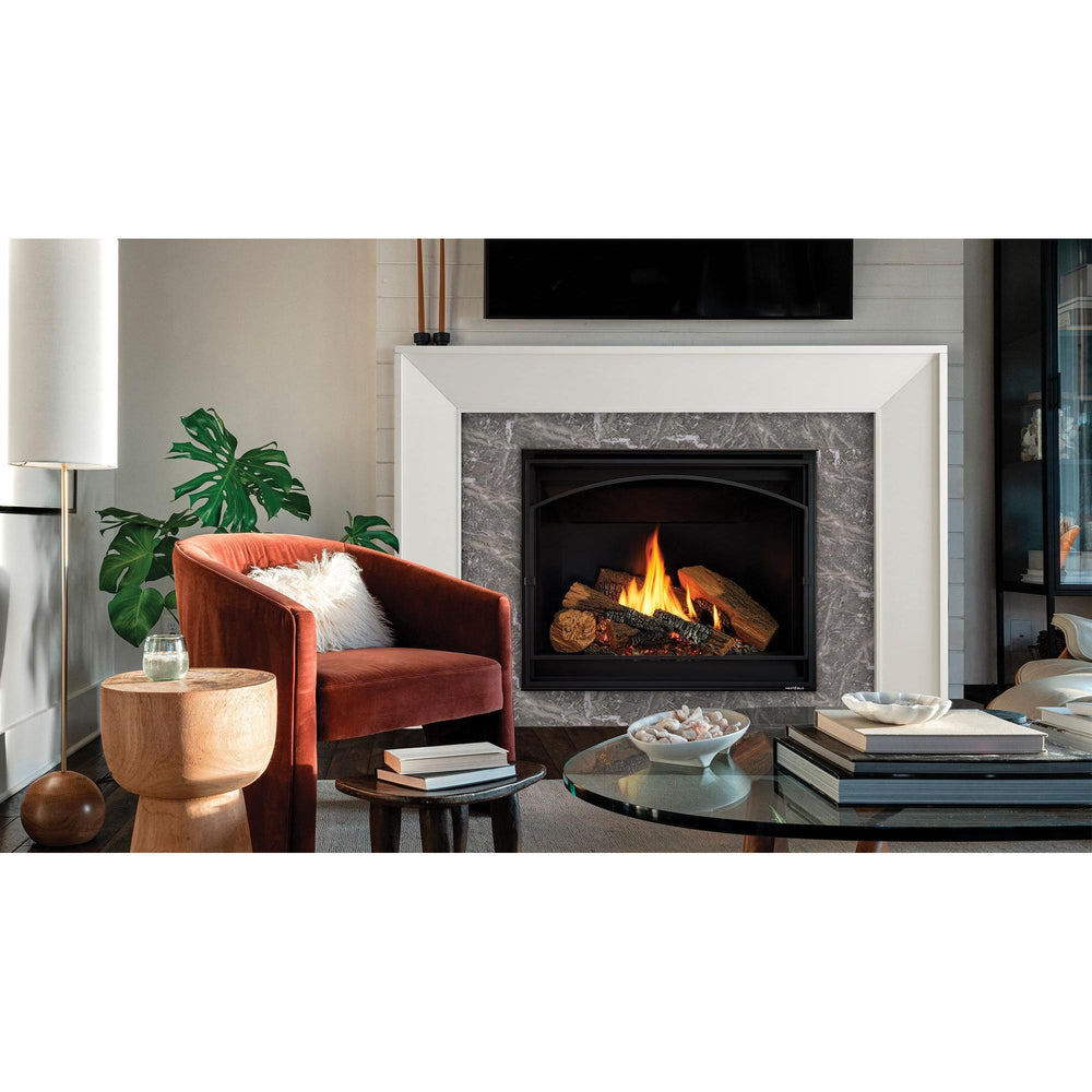 Traditional gas fireplace with authentic logs and vibrant flames anchors cozy living room in mid-century-modern decor. — official 6K/8K Series Traditional Gas Fireplace series image; may show a different size and separately selected options