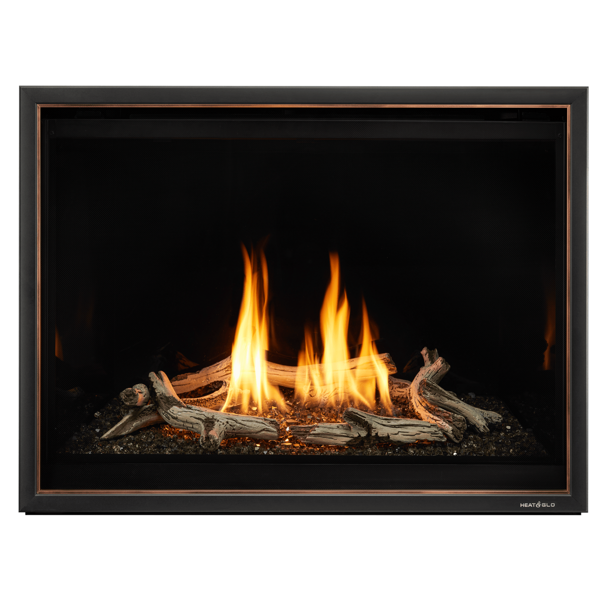 Heat & Glo 8KX Modern, with Reflective Black Glass panels, Black portrait front w/ Copper trim and Driftwood log set. — official 6K/8K Series Modern Gas Fireplace series image; may show a different size and separately selected options