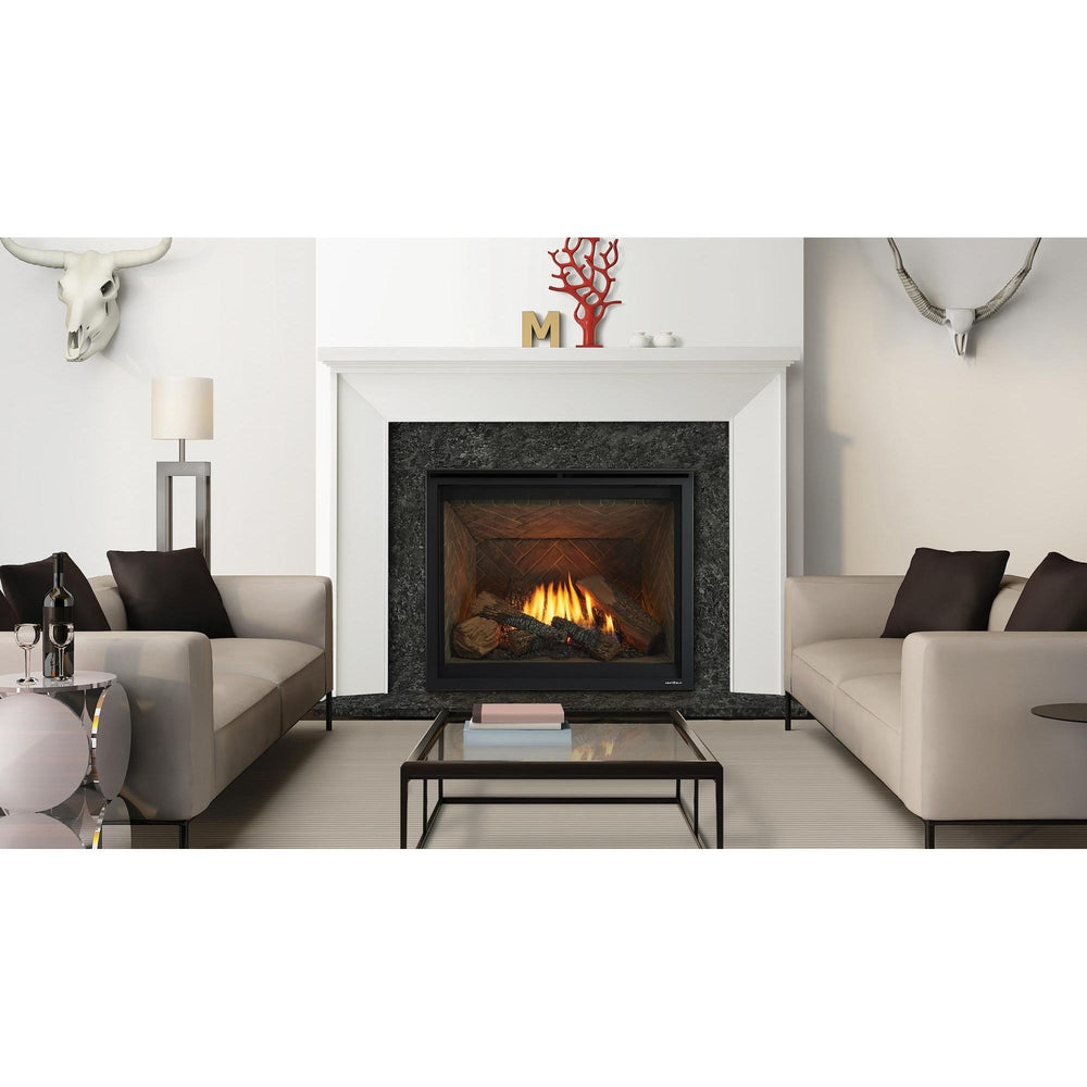 Modern gas fireplace with steely gray surround in white mantel is centerpiece of contemporary space with opposing sofas. — official 6K/8K Series Traditional Gas Fireplace series image; may show a different size and separately selected options