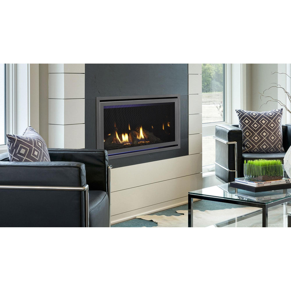 Heat & Glo Cosmo linear indoor gas fireplace with traditional logs and accent lighting with TV above in modern living room. — official Cosmo Linear Gas Fireplace series image; may show a different size and separately selected options