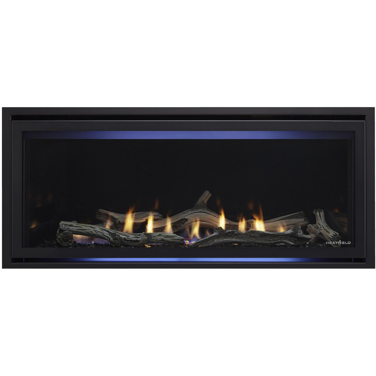 Heat & Glo Cosmo 42" linear indoor gas fireplace with clean face, reflective black glass, accent lighting and driftwood logs. — official Cosmo Linear Gas Fireplace series image; may show a different size and separately selected options