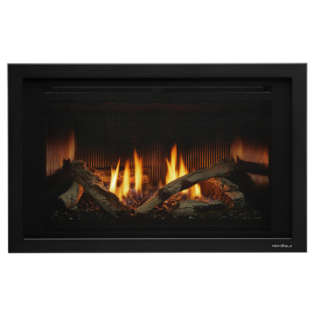Heat & Glo Cosmo 30Ó modern gas fireplace insert with crushed glass media and fluted black glass interior.. Official series image; size, front and optional finishes may differ from the quoted configuration.