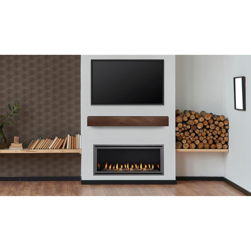Heat & Glo Cosmo 42" linear indoor gas fireplace with natural stone media on white wall with TV above. — official Cosmo Linear Gas Fireplace series image; may show a different size and separately selected options