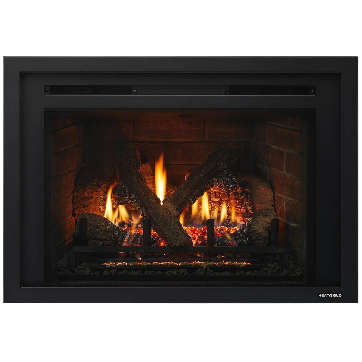 Heat & Glo Escape gas fireplace insert with patented FireBrick interior, glowing ember bed, live flames and safety screen.. Official series image; size, front and optional finishes may differ from the quoted configuration.