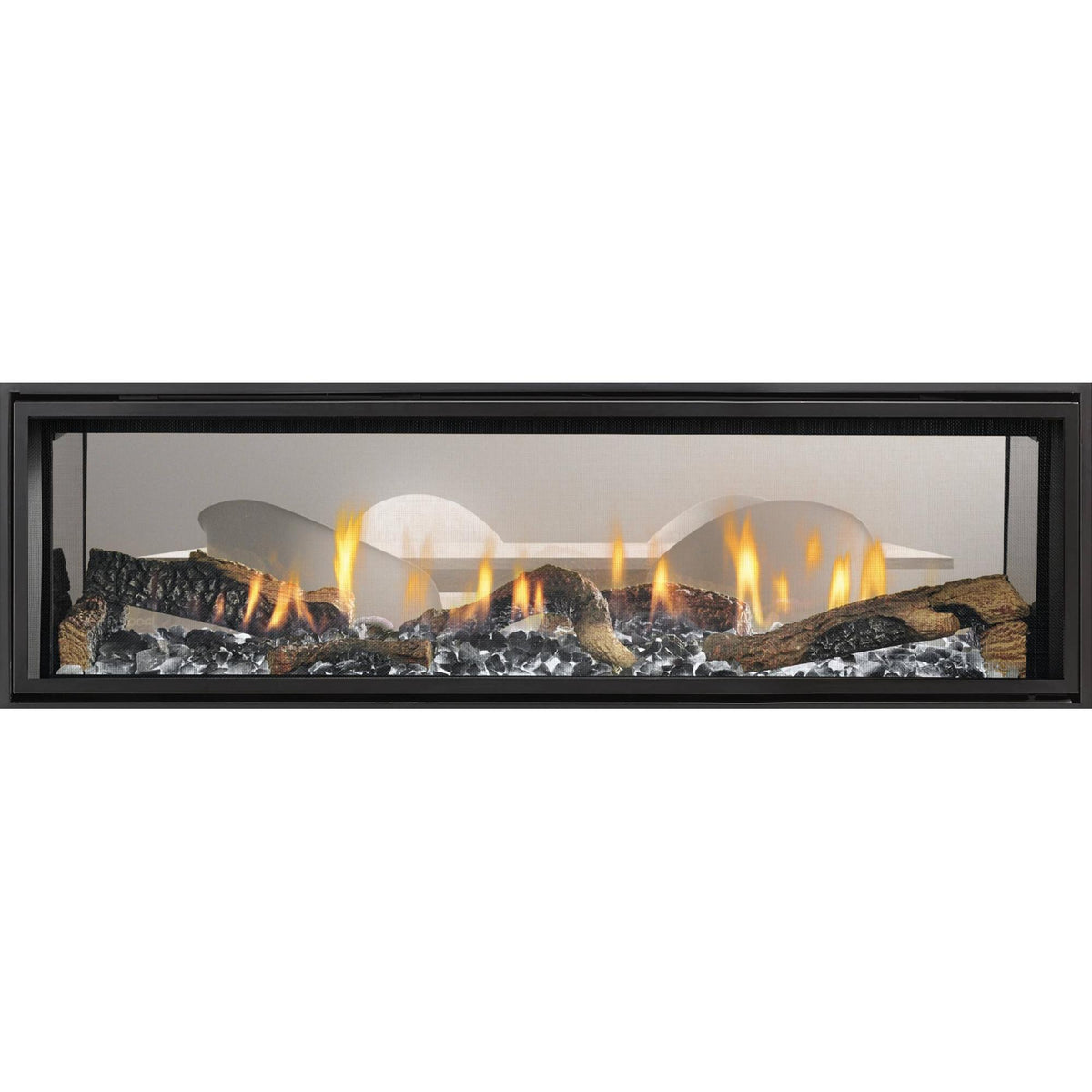 Heat & Glo Mezzo See-Through AU 48" linear gas fireplace with gray crystal media, logs, and clean face. — official Mezzo Double-Sided Linear Gas Fireplace series image; may show a different size and separately selected options
