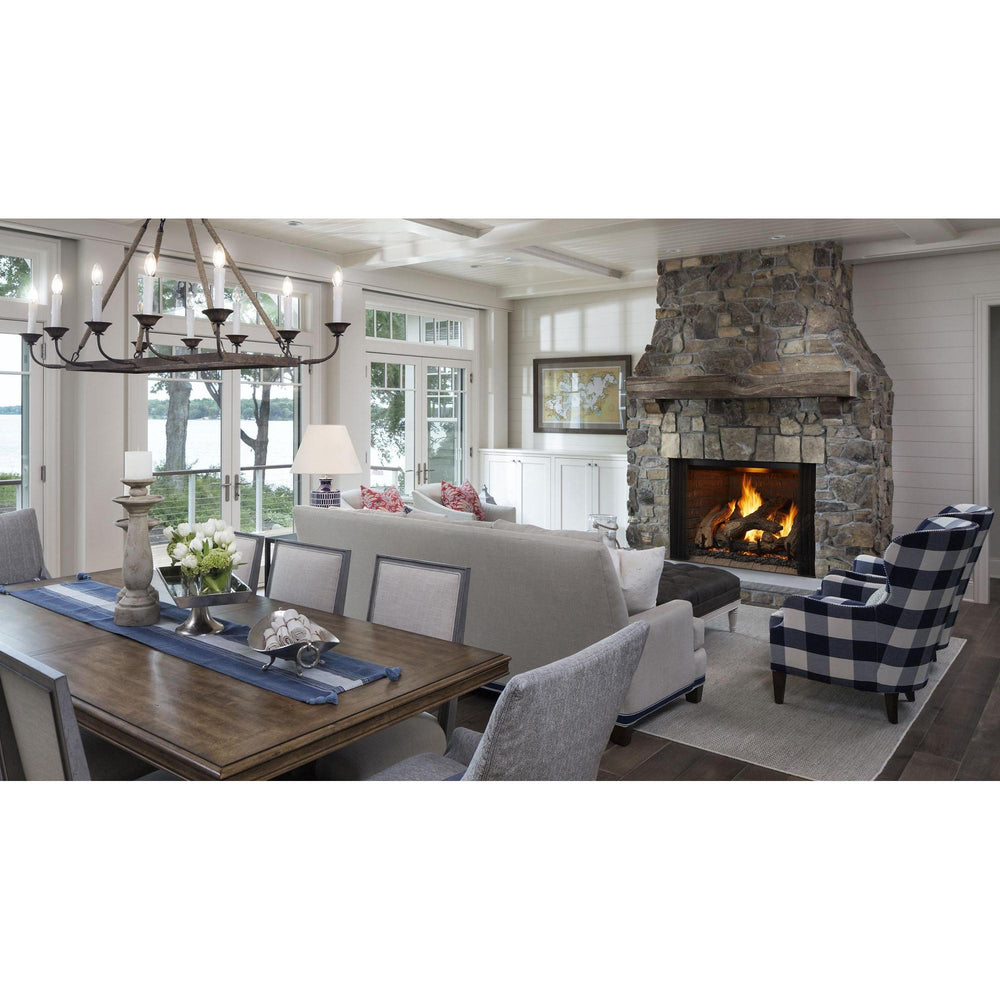 Lakeside interior space in Coastal Chic decor with open gas fireplace in natural-stone hearth. — official Phoenix TrueView Indoor Open Gas Fireplace series image; may show a different size and separately selected options
