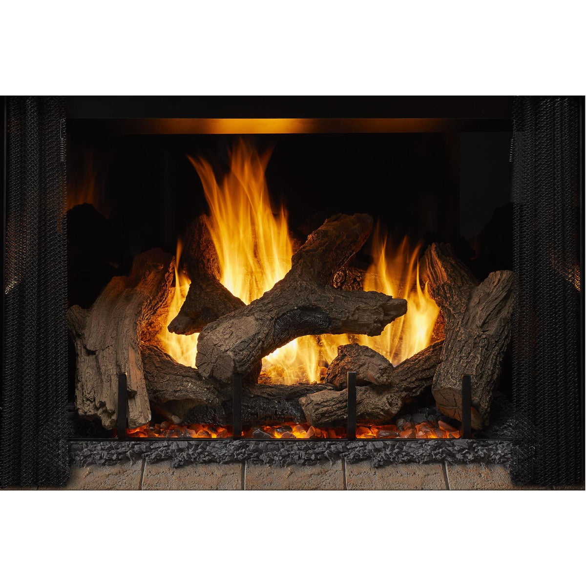 Alt: Heat & Glo Phoenix TrueView indoor gas fireplace with live flames, glowing embers, open screen, and black glass interior. — official Phoenix TrueView Indoor Open Gas Fireplace series image; may show a different size and separately selected options