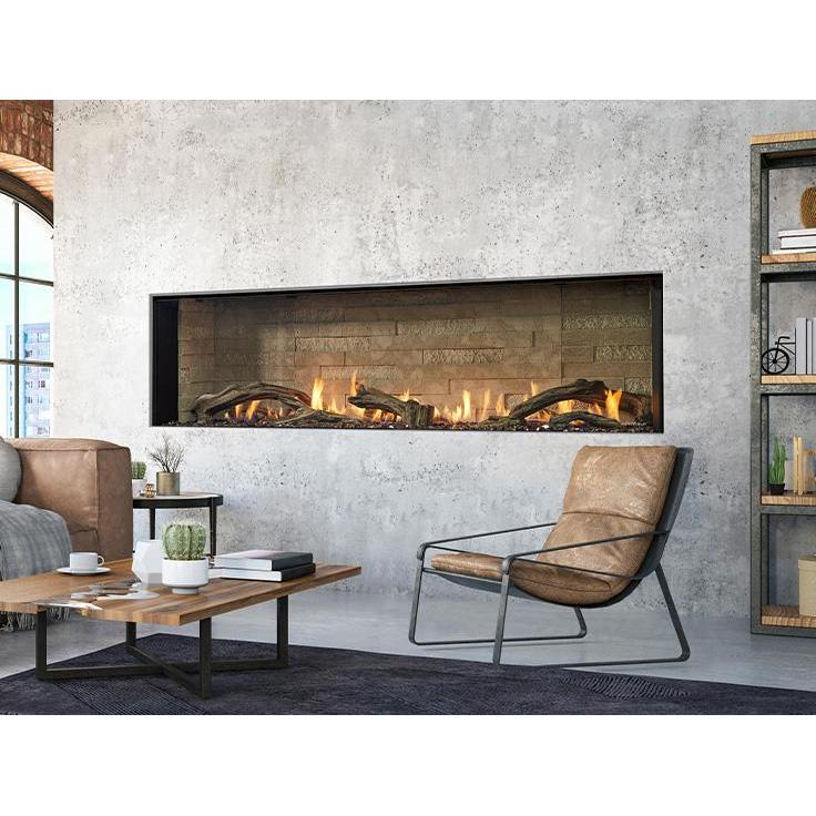 Urban industrial living space with arched windows in two-story wall and luxury linear fireplace in cement facade. — official Primo II Linear Gas Fireplace series image; may show a different size and separately selected options