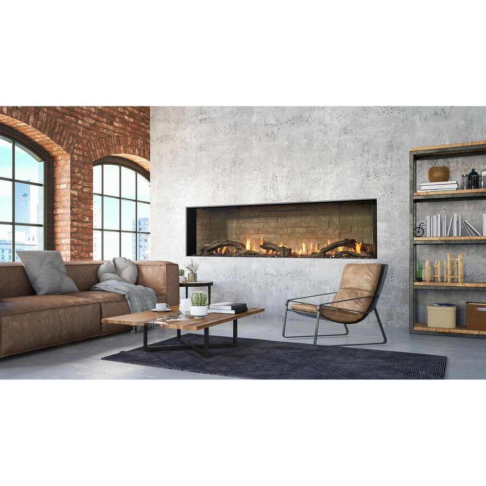 Urban industrial living space with arched windows in two-story wall and luxury linear fireplace in cement facade. — official Primo II Linear Gas Fireplace series image; may show a different size and separately selected options