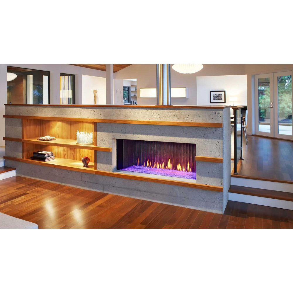 Urban chic space with wood floors and contemporary styling features linear fireplace in cabinet that separates room. — official Primo II Linear Gas Fireplace series image; may show a different size and separately selected options
