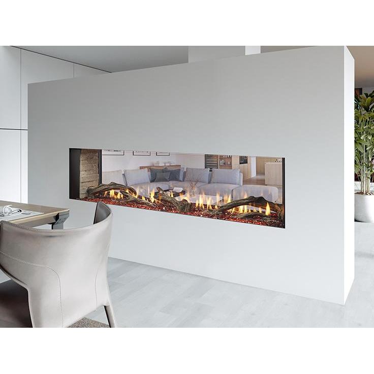 Spacious modern minimalist room with white walkaround partition wall featuring see-through linear gas fireplace. — official Primo II Double-Sided Gas Fireplace series image; may show a different size and separately selected options