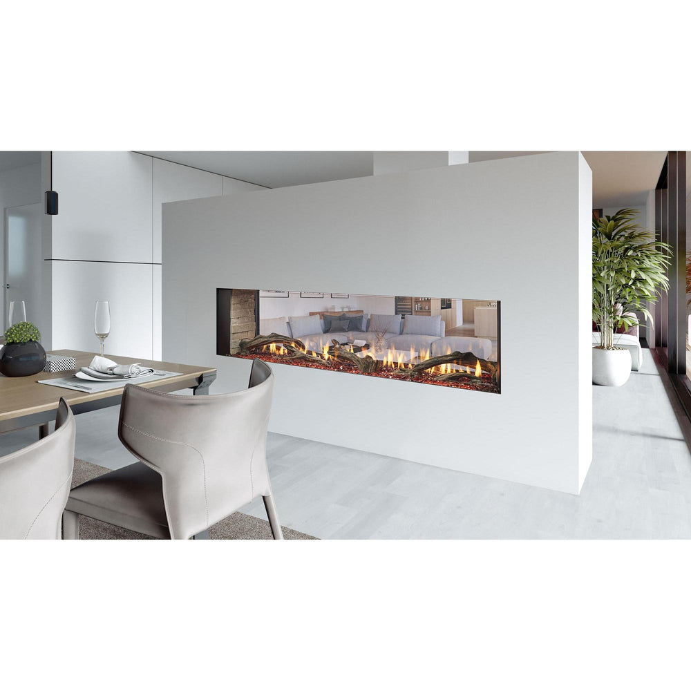 Spacious modern minimalist room with white walkaround partition wall featuring see-through linear gas fireplace. — official Primo II Double-Sided Gas Fireplace series image; may show a different size and separately selected options