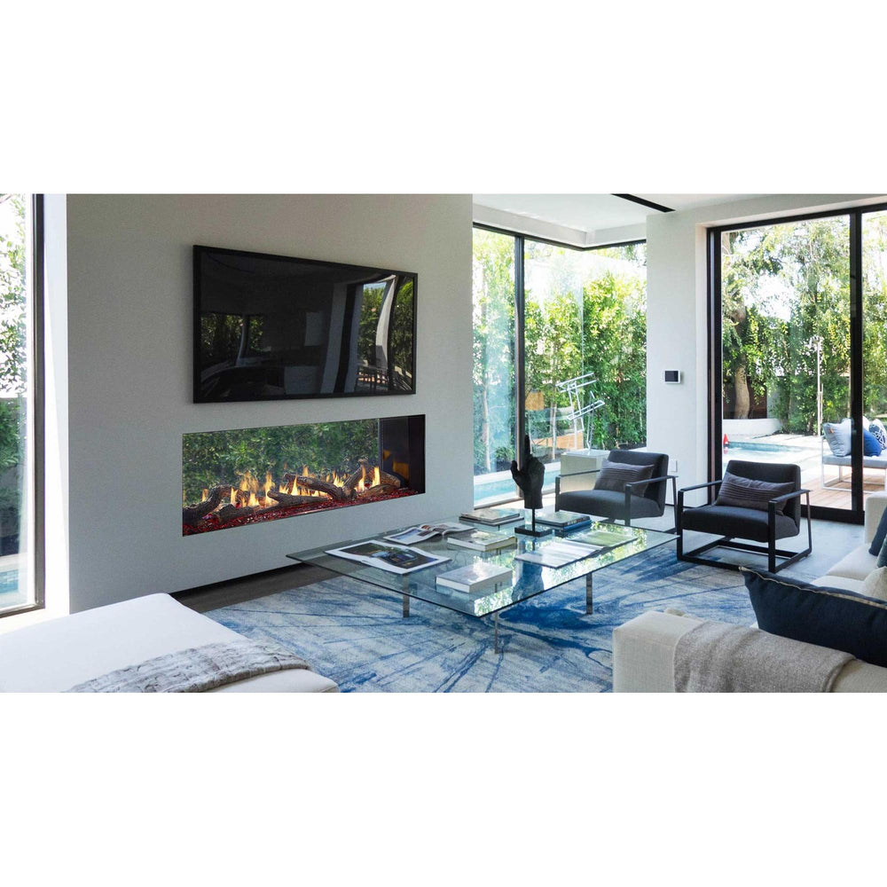 Linear double-sided fireplace with TV overhead connects luxury indoor space in contemporary decor with outdoors. — official Primo II Double-Sided Gas Fireplace series image; may show a different size and separately selected options
