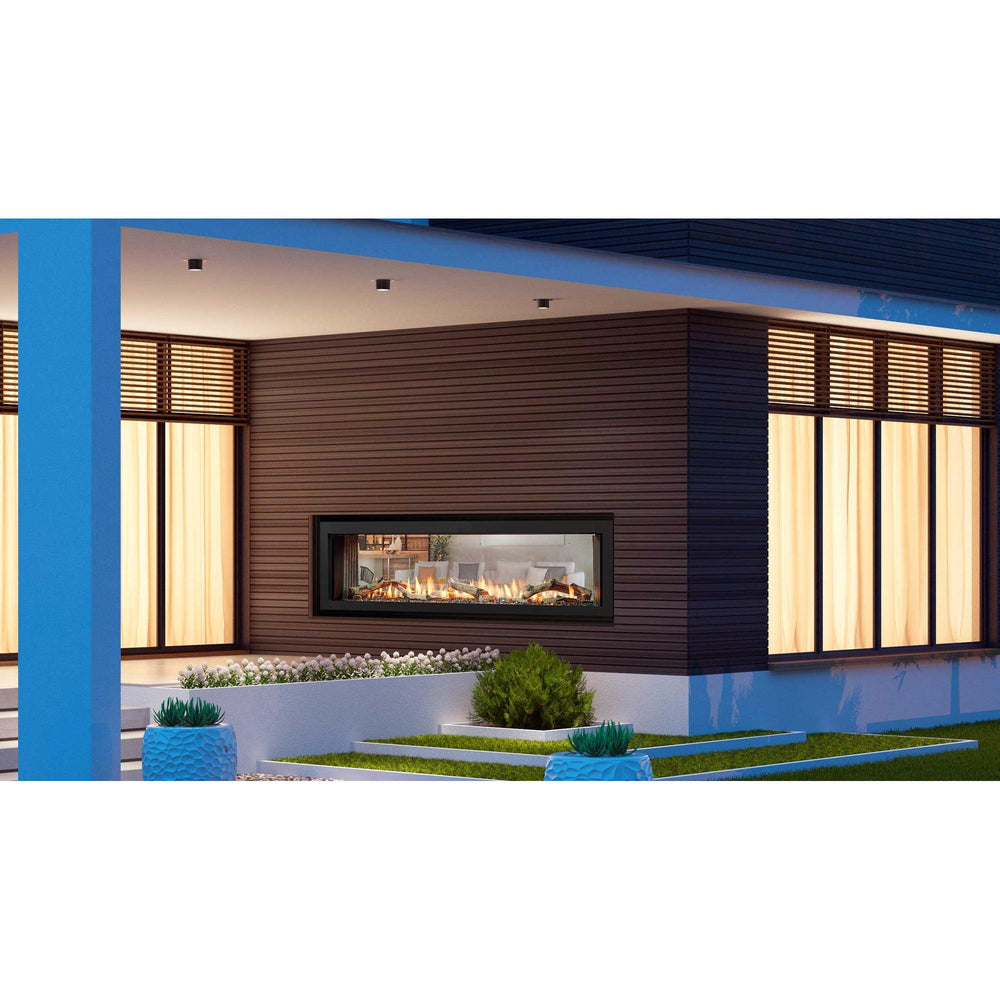 Contemporary covered patio with wraparound seating in front of indoor-outdoor linear gas fireplace with view to living room. — official Primo II Double-Sided Gas Fireplace series image; may show a different size and separately selected options