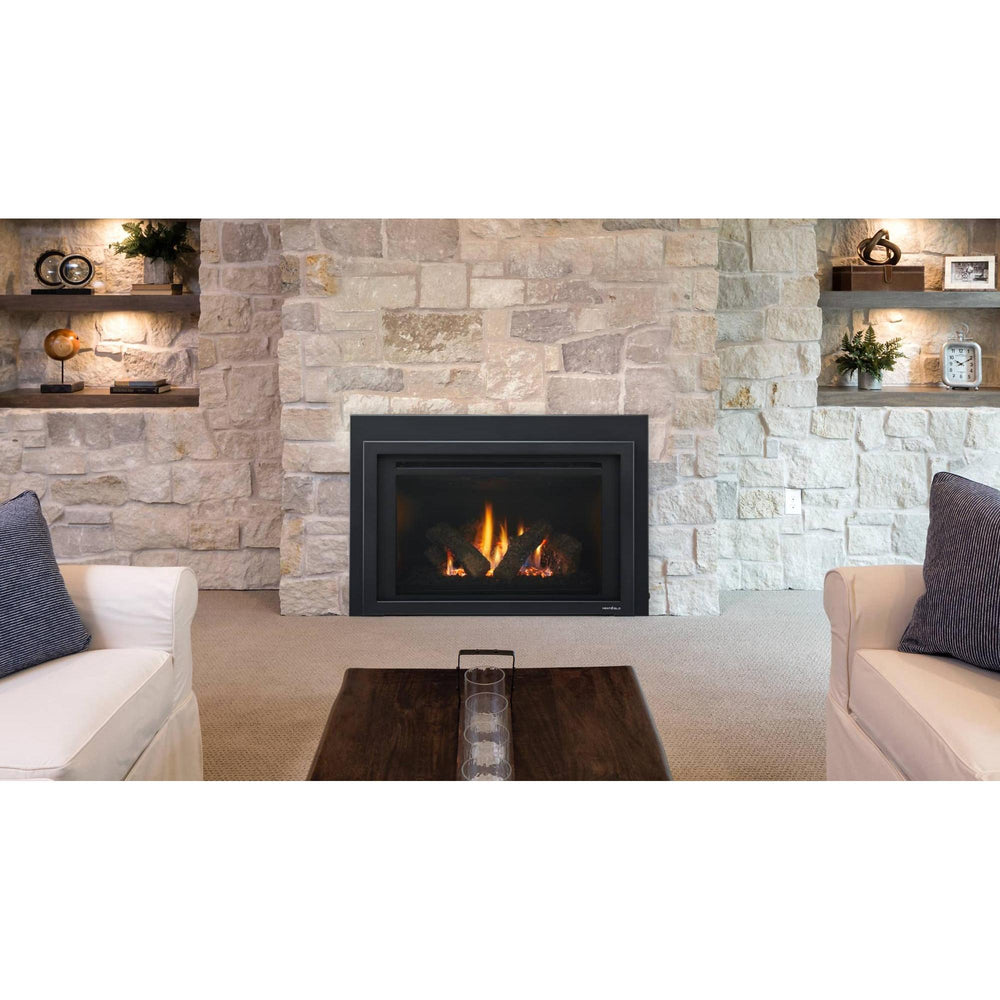 Heat & Glo Provident 30" gas fireplace insert with live fire and glowing embers on natural stone wall in living room.. Official series image; size, front and optional finishes may differ from the quoted configuration.
