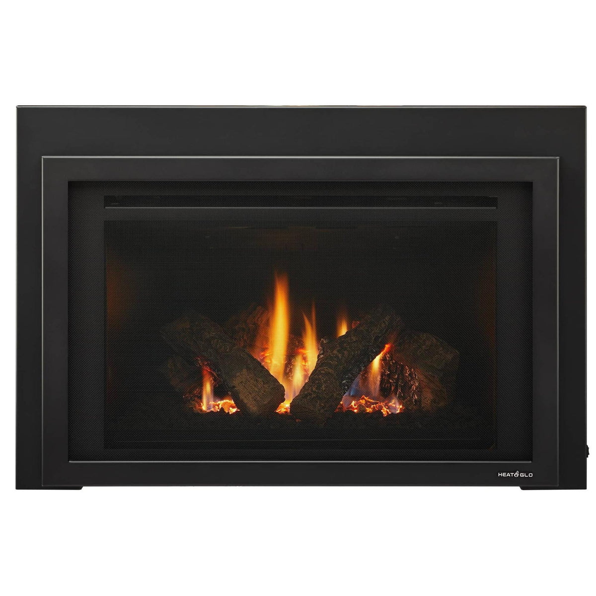 Heat & Glo Provident 30" gas fireplace insert with live fire, glowing embers and black fire screen.. Official series image; size, front and optional finishes may differ from the quoted configuration.