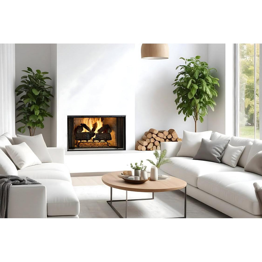 Wood-burning fireplace. Official series illustration; size and optional finishing may differ from this model.