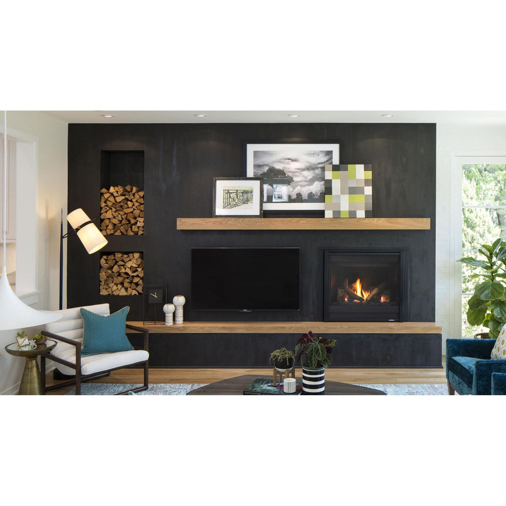 Alt: Heat & Glo SlimLine SL-7 Gas Fireplace with flames, LED embers, and authentic log side-by-side with TV in living room. — official SlimLine Series Indoor Gas Fireplace series image; may show a different size and separately selected options