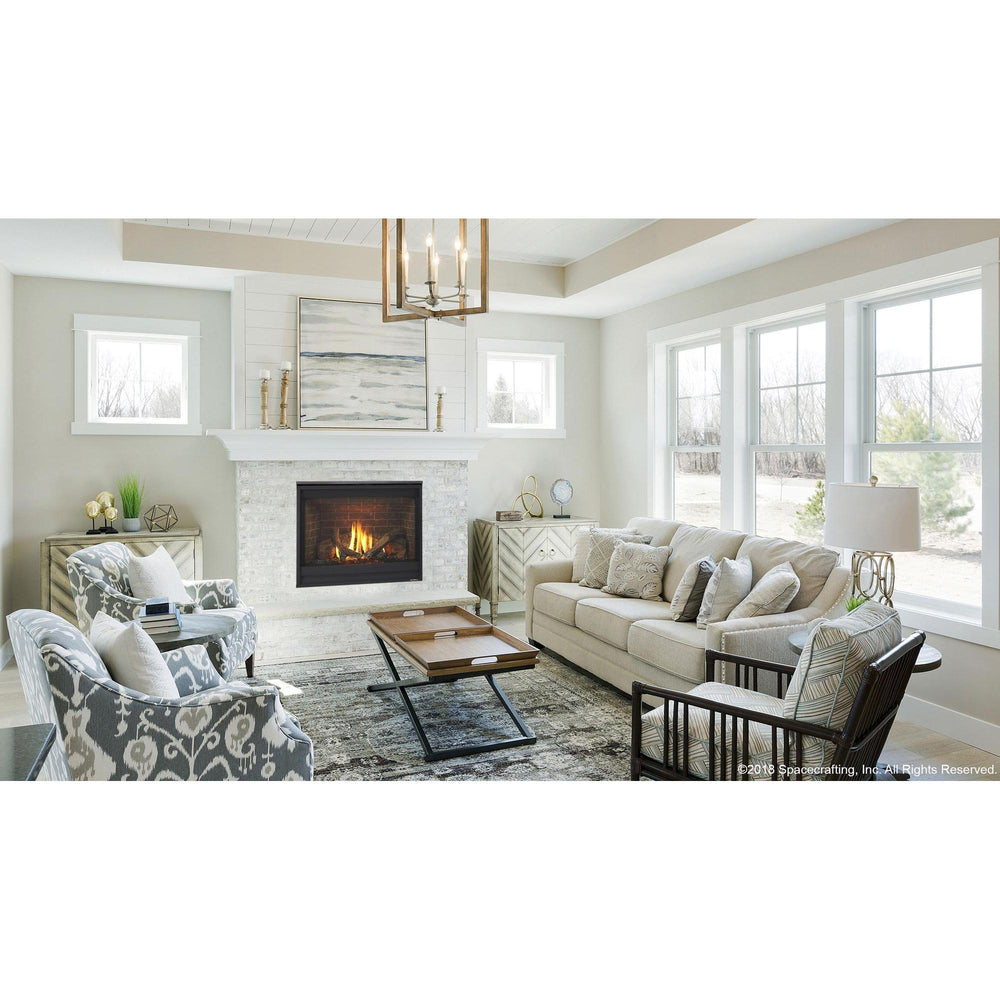 Alt: Heat & Glo SlimLine SL-7X Gas Fireplace with Stratford Brick interior in white-washed brick hearth in living room. — official SlimLine Series Indoor Gas Fireplace series image; may show a different size and separately selected options
