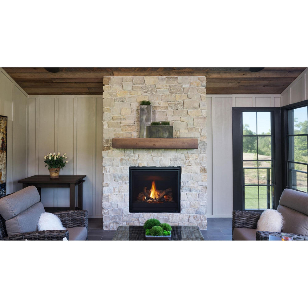 Heat & Glo SlimLine SL-7X Gas Fireplace with natural logs and black interior on stone hearth wall in living room. — official SlimLine Series Indoor Gas Fireplace series image; may show a different size and separately selected options