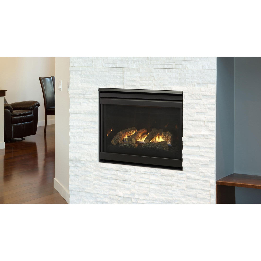Heat & Glo SlimLine SL Fusion indoor gas fireplace with natural logs and black interior on white stone wall in living room. — official SlimLine Fusion Series Indoor Gas Fireplace series image; may show a different size and separately selected options