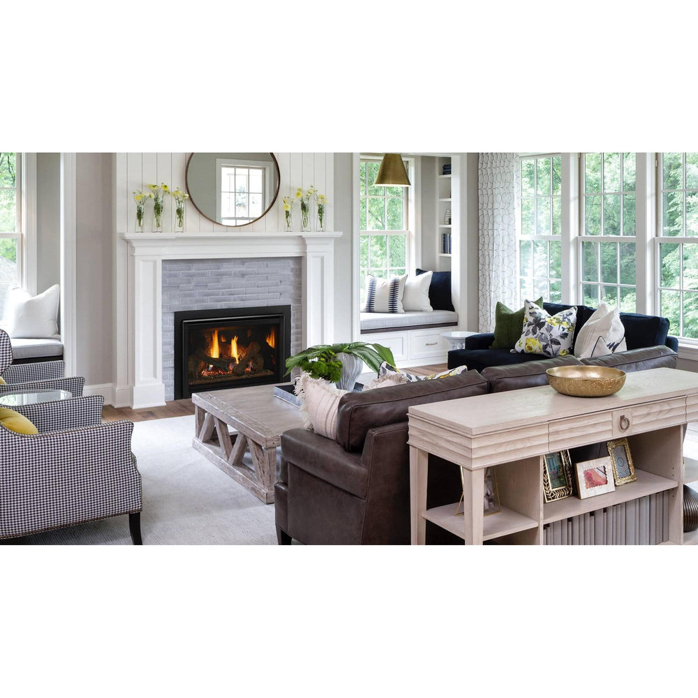 Heat & Glo Supreme 35" gas fireplace insert with live flames and textured logs in gray wall in living room.. Official series image; size, front and optional finishes may differ from the quoted configuration.