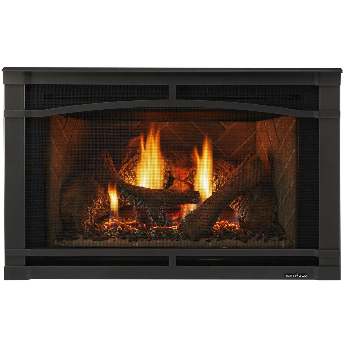 Heat & Glo Supreme gas fireplace insert with live flames, textured logs, glowing ember bed and Halston Arch front.. Official series image; size, front and optional finishes may differ from the quoted configuration.