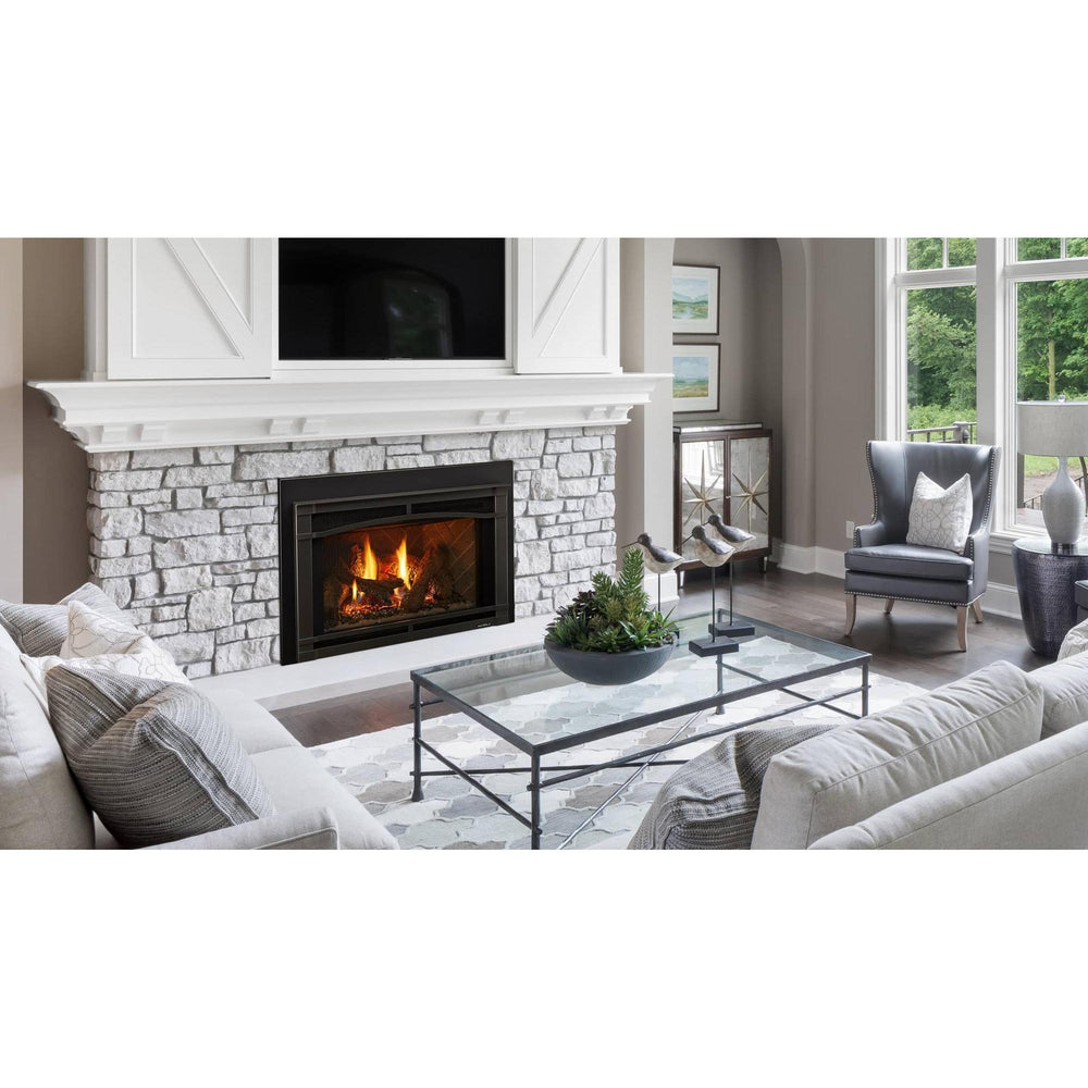 Heat & Glo Supreme gas fireplace insert with Tranquil Greige herringbone interior and Halston Arch front in living room.. Official series image; size, front and optional finishes may differ from the quoted configuration.
