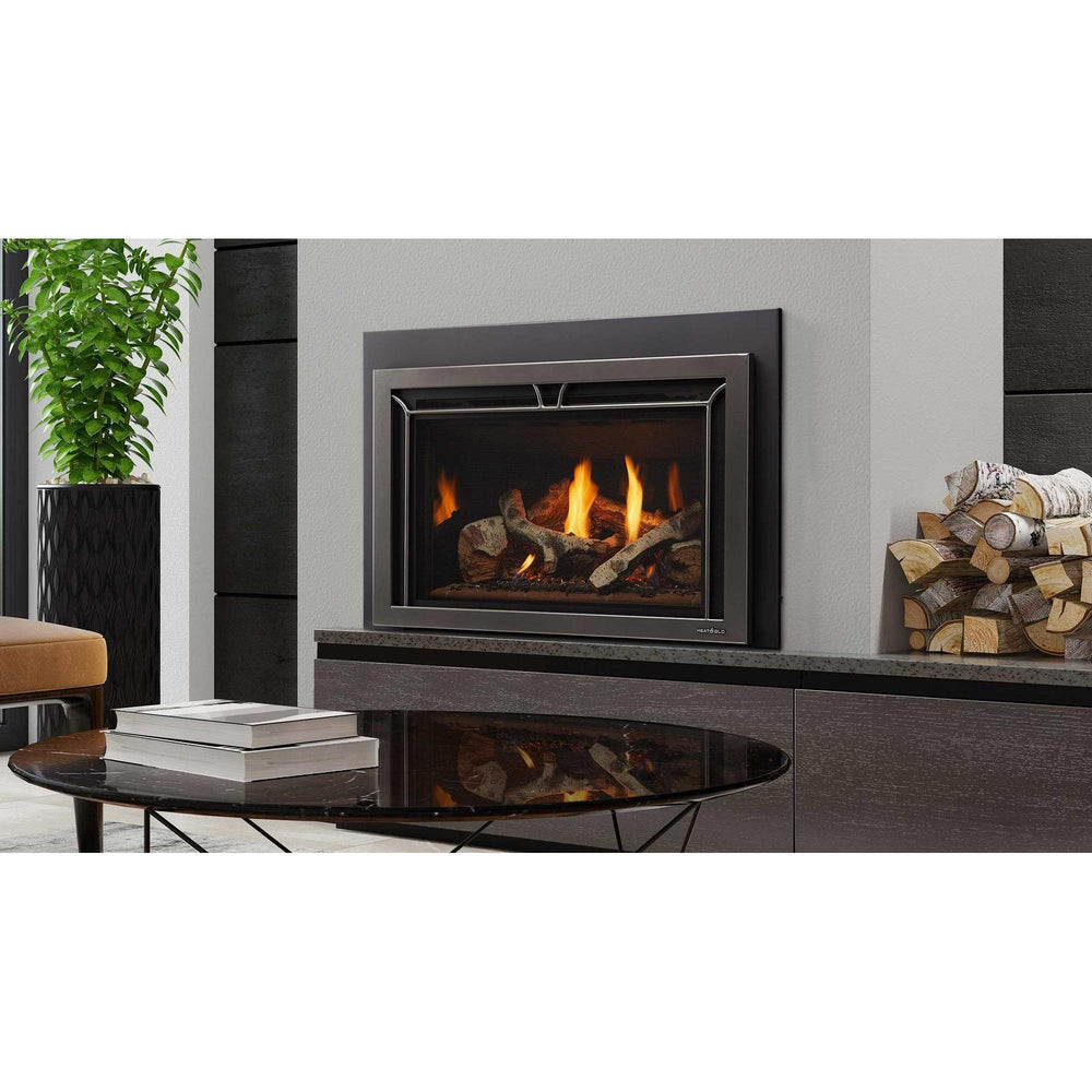 Contemporary living room has gas fireplace insert with pewter front in light-gray hearth and logs stacked on side.. Official series image; size, front and optional finishes may differ from the quoted configuration.
